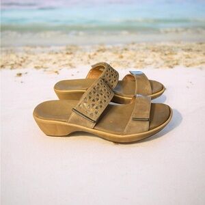 Naot Moreto Slide Sandal. Ta Suede Slide-On Sandals with Perforated Straps.